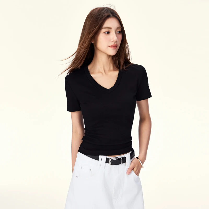 MJB 2025春季新款黑色V领简约纯色正肩短袖T恤女修身显瘦百搭上衣