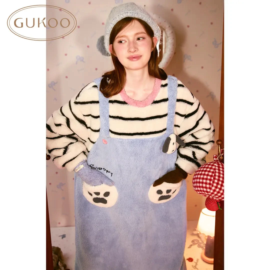 Gukoo/果壳睡裙女25新款长毛云感绒史努比背带裙睡袍披肩围巾