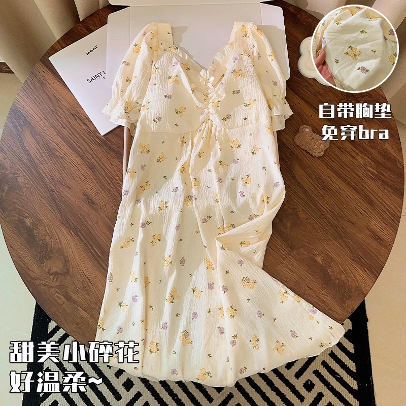 带胸垫睡衣女夏季短袖2025新款甜美小碎花云朵棉睡裙夏天家居服薄