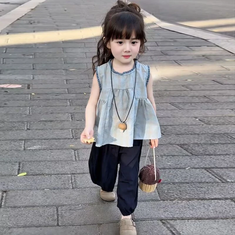 女童文艺浅蓝娃娃衫夏季新品韩系女宝宝宽松无袖上衣休闲裤套装