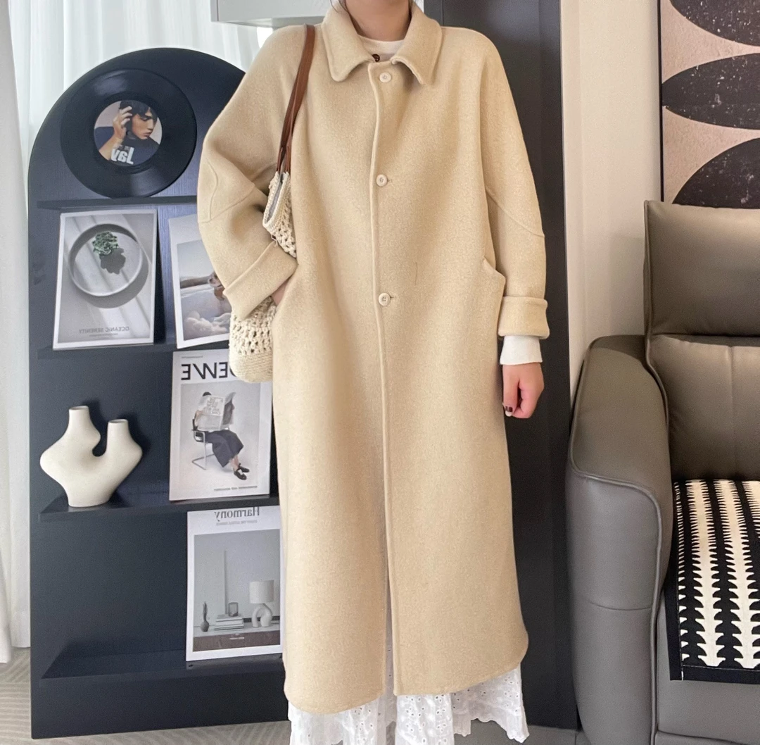 2025新秋冬双面呢长款韩版百搭毛呢外套中长款宽松显瘦大衣女A002