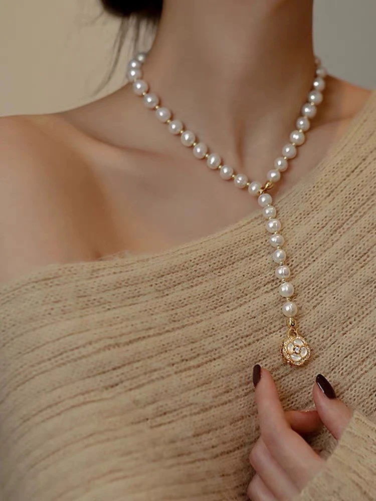 经典山茶花母贝镶嵌项链 长款60cm毛衣项链设计感精致优雅时尚