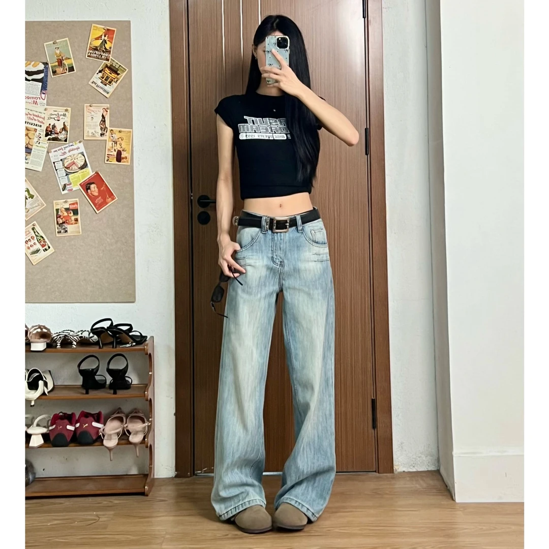裤子女款夏季牛仔裤中低腰浅蓝色牛仔裤宽松阔腿裤设计感拖地裤