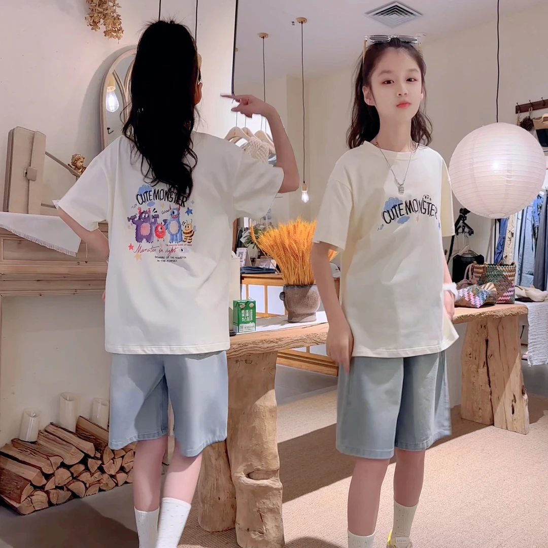 女童夏装套装2025夏季新款童装T恤五分裤女孩短袖牛仔裤2件套薄款