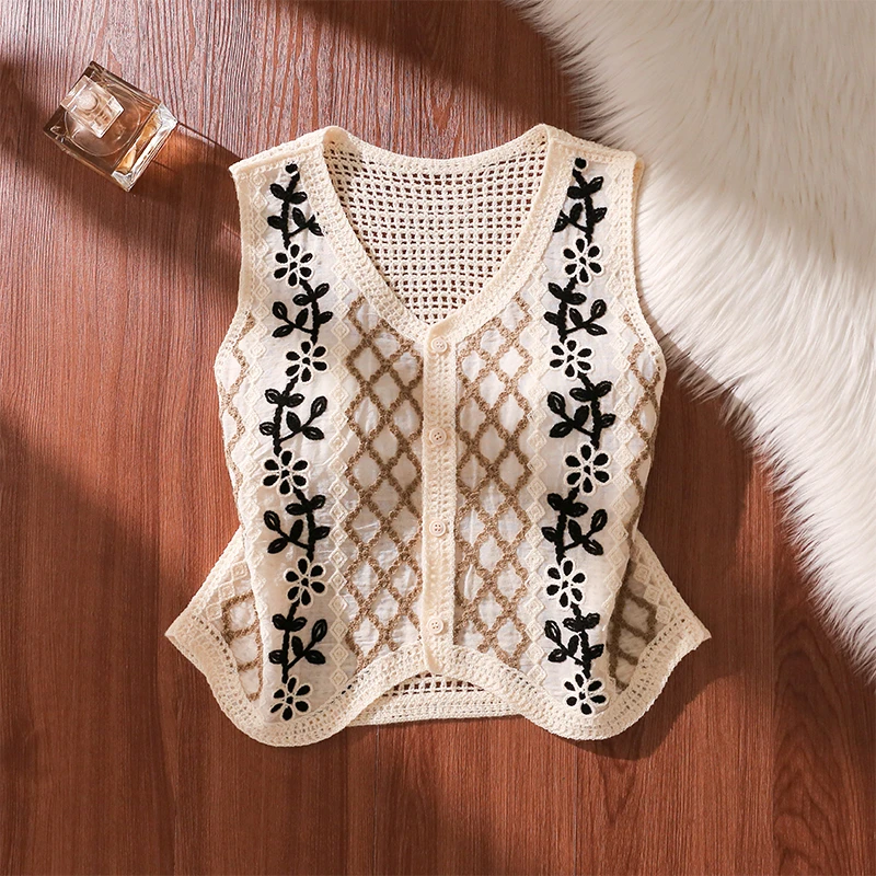 刺绣镂空勾花马甲背心女夏季外穿宽松休闲显瘦开衫设计感无袖上衣