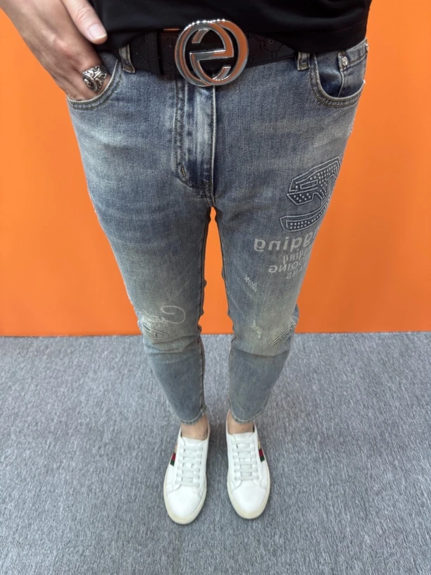 春夏水洗九分牛仔裤个性时尚百搭修身小脚裤潮男牛仔裤潮流弹力