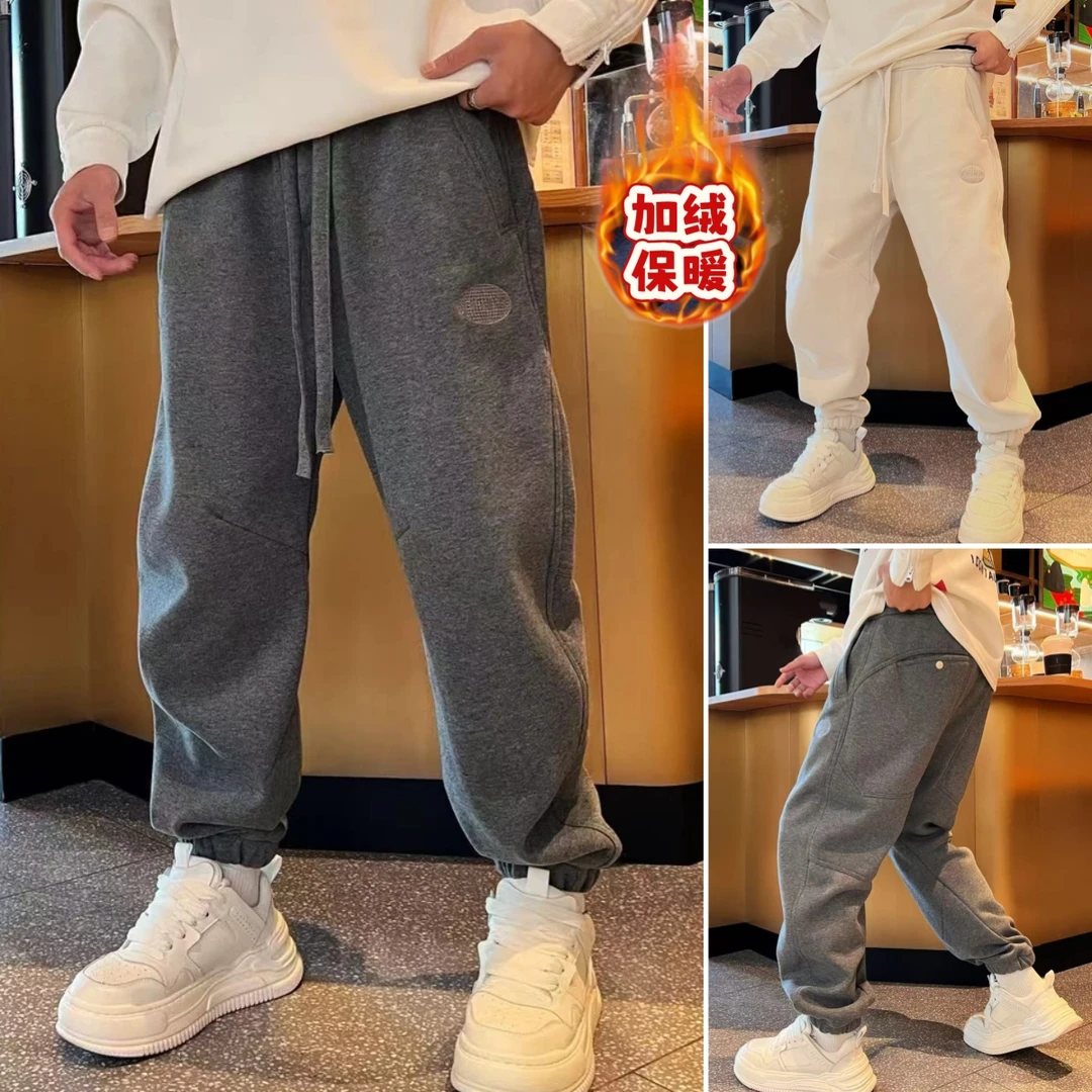 加绒保暖秋冬新款时尚刺绣直筒宽松型微锥束脚裤潮流时尚百搭长裤