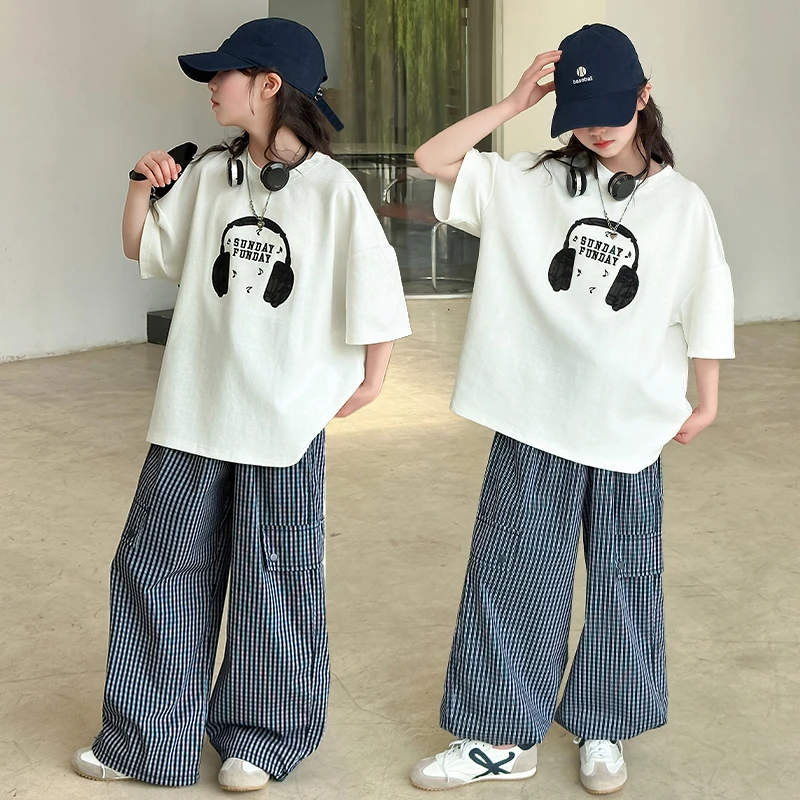 2025新款女童刺绣耳机宽松T恤休闲格子工装裤套装中大童时尚洋气
