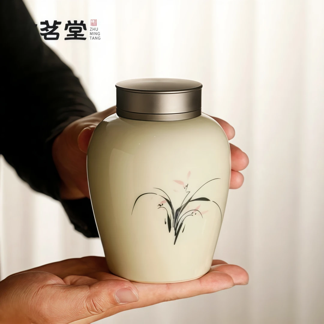 陶瓷手绘草木灰釉锡盖茶叶罐防潮密封罐大号包装红茶绿茶普洱茶罐