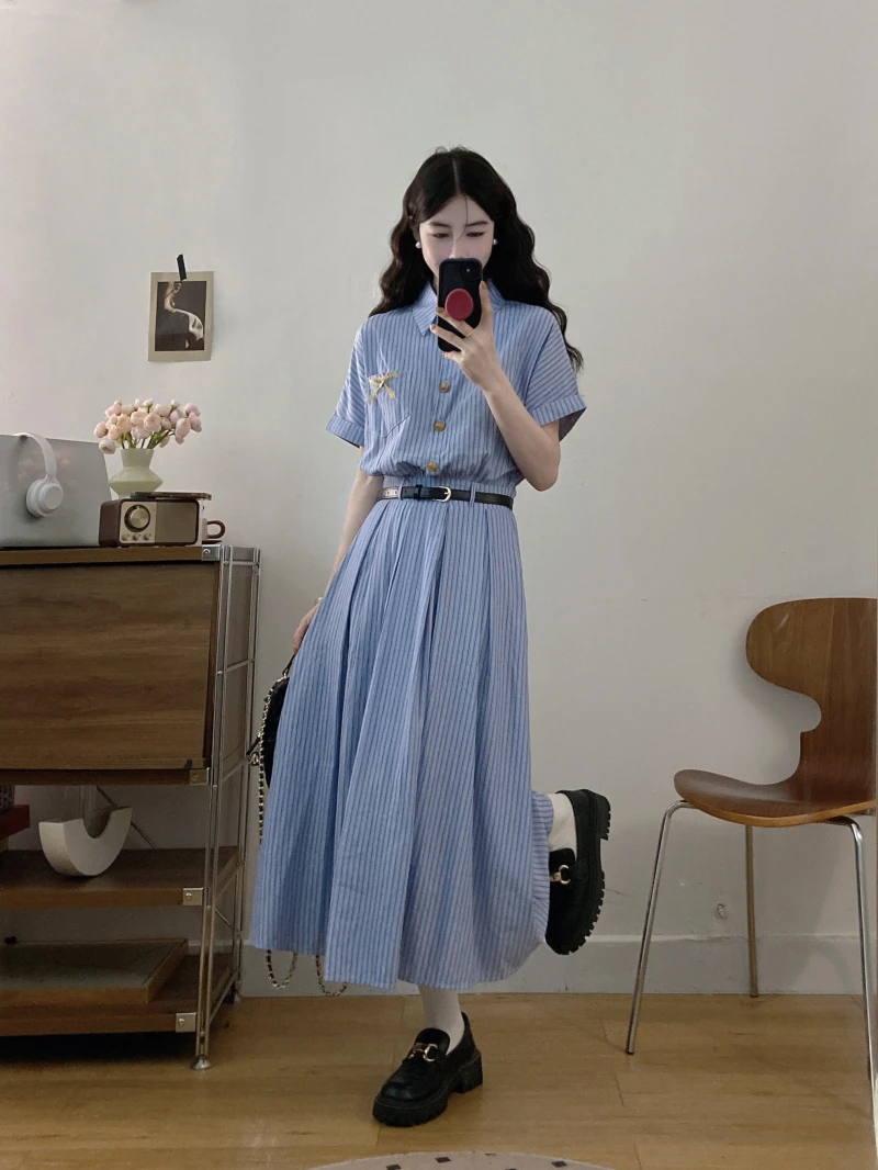 大码女装2025夏季新款百搭显瘦文艺蓝色连衣裙女装面试裙子