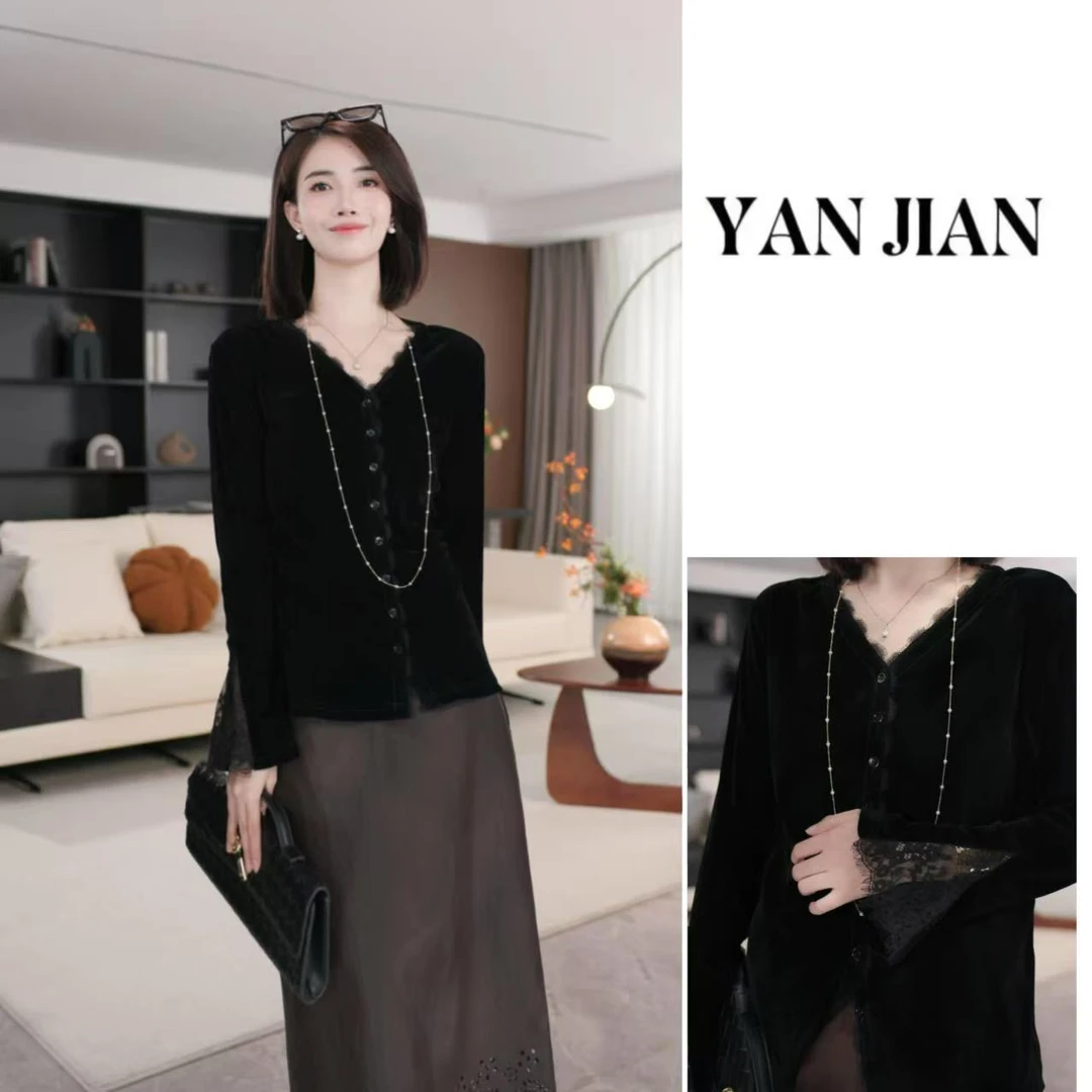 YAN JIAN【丝绣】显瘦植绒拼接蕾丝微喇袖气质开衫