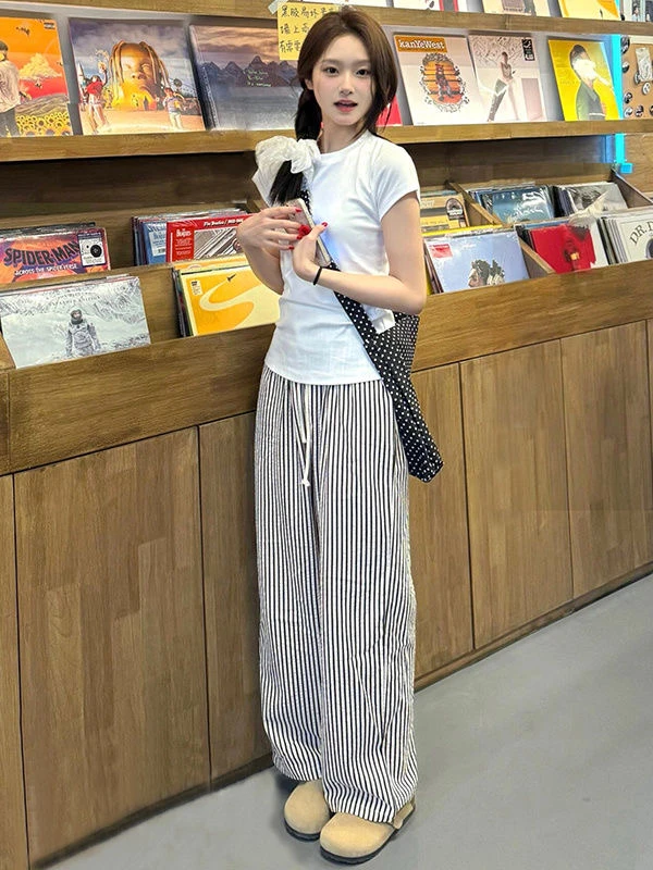 日杂风复古条纹休闲亚麻阔腿裤女夏季直筒垂感慵懒裤#YTW23161