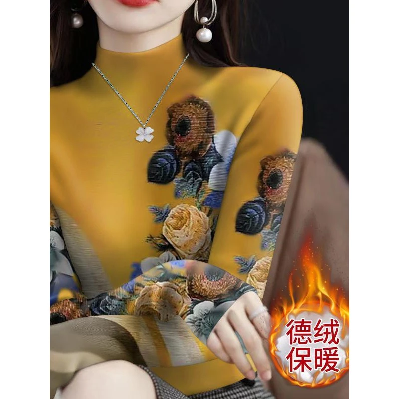 半高领双面德绒保暖打底衫长袖女秋冬内搭保暖自发热新款印花上衣