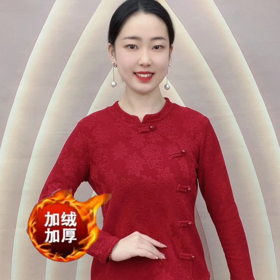 1012冬季新款提花加绒国风盘扣保暖小衫百搭洋气时尚上衣