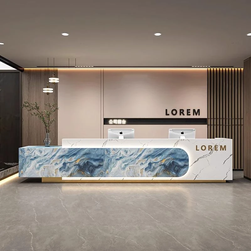公司大理石前台接待台售楼部酒店大堂会所岩板吧台烤漆收银台柜台