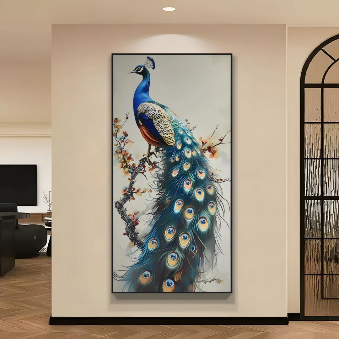 G003孔雀中国风晶瓷镶钻玄关入户装饰画走廊过道客厅正对门挂画