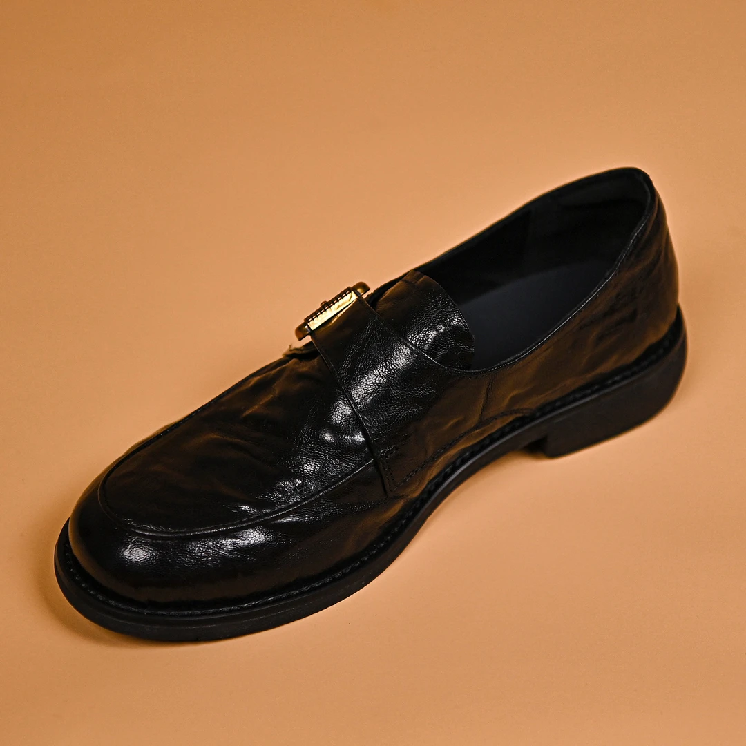 羊皮上班穿黑色英伦风小皮鞋中跟单鞋 一脚蹬乐福鞋女鞋子