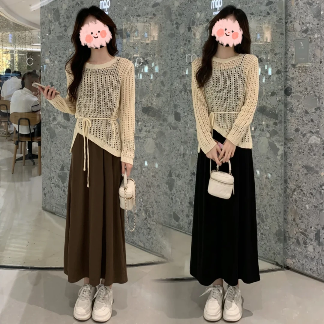 今年流行的漂亮套装初春2025新款女装长袖镂空针织衫吊带裙两件套