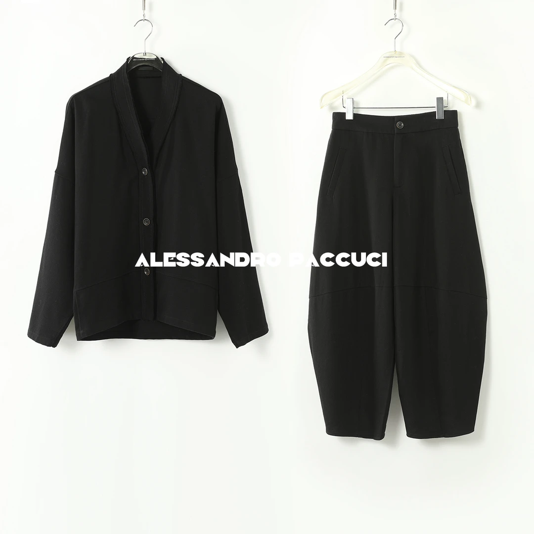 AP洛哥43034UX/43161KC【京墨】廓形感黑色洋气毛边上衣/裤子2024秋