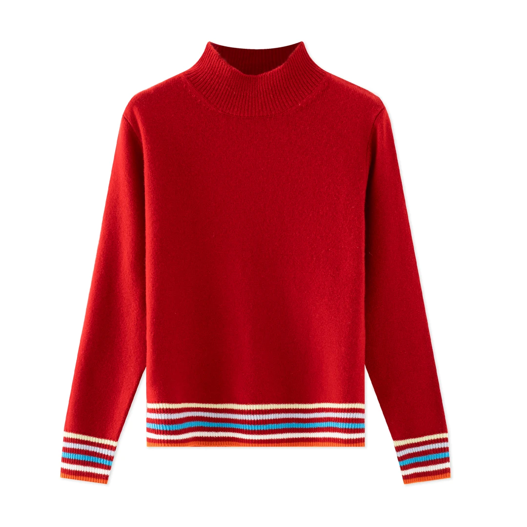 赛兔厚款长袖100%绵羊毛时尚百搭撞色半高领女羊毛衫202S245T052