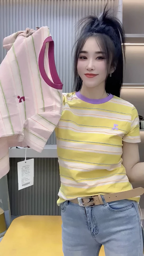 2025春夏新款重工彩色刺绣字母条纹韩系刺绣条纹女士短袖T恤
