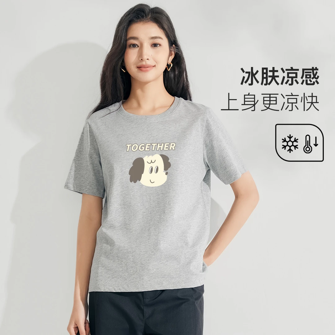 茵曼夏季纯棉凉感短袖t恤圆领百搭小狗印花植绒工艺凉快透气上衣