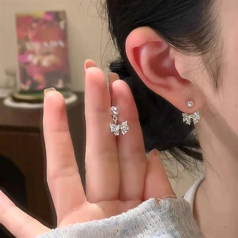 合金耳饰 后挂式锆石蝴蝶结耳钉女精致简约甜美百搭耳环耳饰