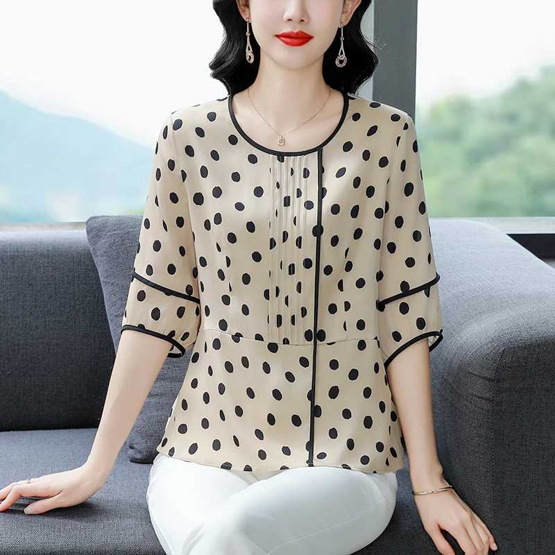 妈妈夏装时尚圆点印花上衣2025新款中年女重磅气质洋气T恤