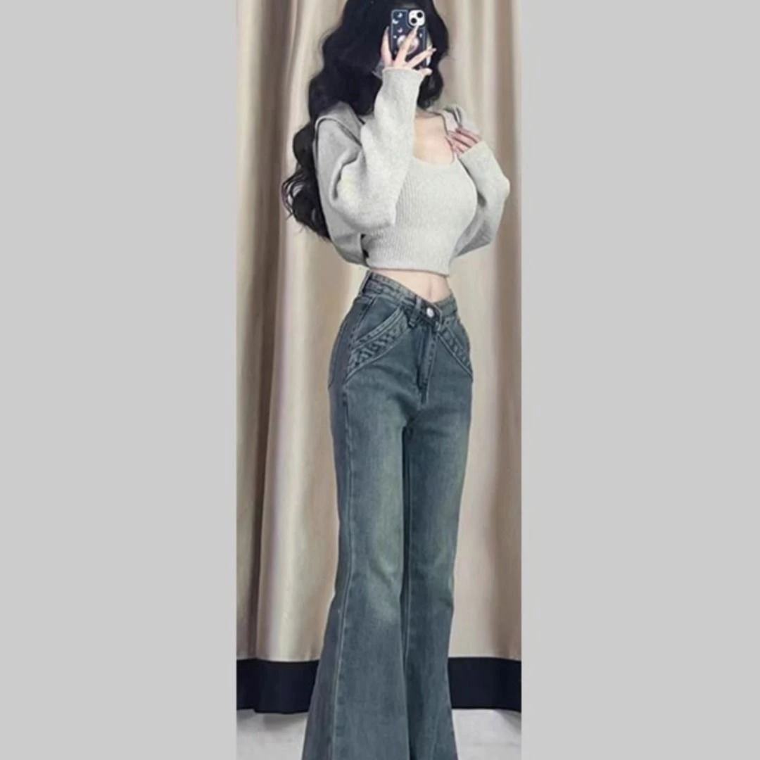 高腰微喇牛仔裤女2025春季新款宽松阔腿设计感显瘦喇叭拖地马蹄裤