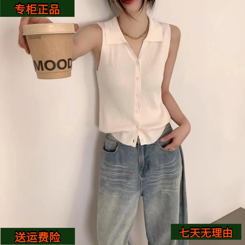 2025法式复古polo领针织小众开衫女春季短款修身无袖加高叠穿上衣