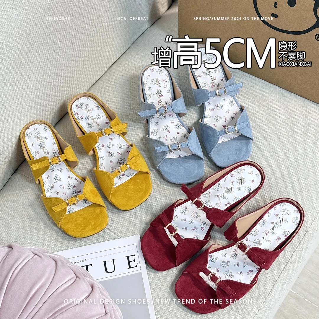 露趾拼色碎花凉拖女2025爆款不累脚女鞋夏季软底增高一脚蹬单鞋