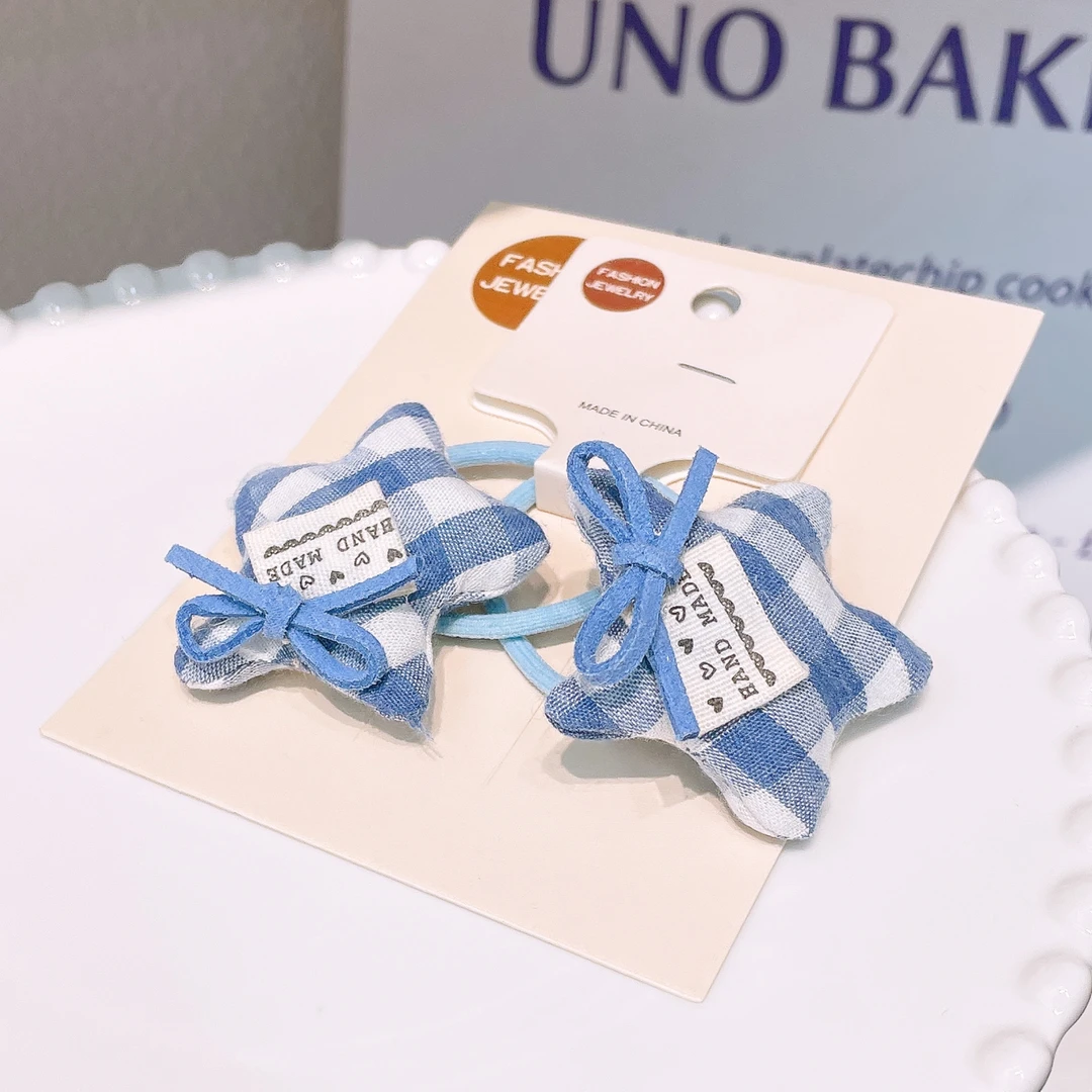 A-6449  rw 1对蓝色格子星星布艺扎小揪揪高弹力头绳 发圈