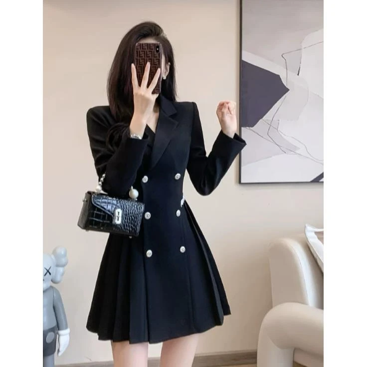 D现货 微胖秋冬显瘦法式设计感气质西装赫本风连衣裙08001C
