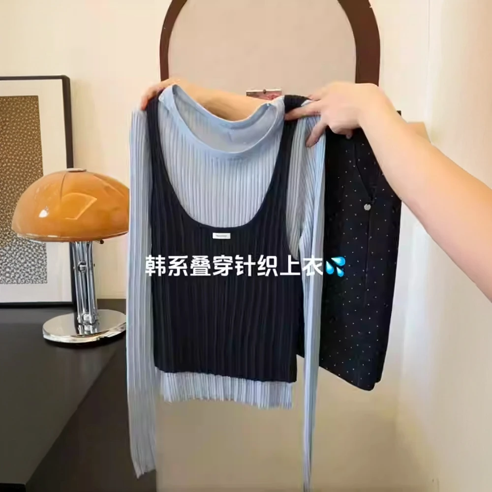自留款推荐~韩系假两件撞色针织衫女早秋新款时尚百搭修身打底衫