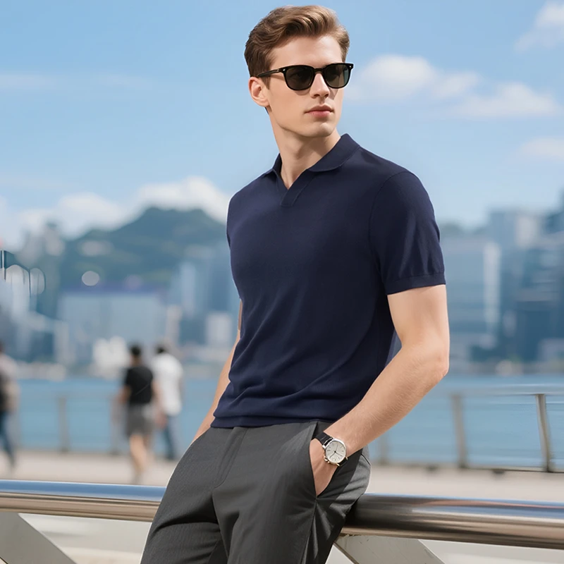 2025男休闲短袖t恤T恤针织桑蚕丝抗皱凉感高品质透气上档次海鸥领