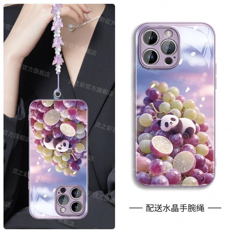 水果熊猫适用苹果16手机壳新款iPhone15promax钢化玻璃14时尚卡通