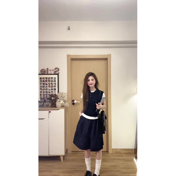韩系学院风休闲运动套装女夏季正肩马甲背心短袖半身裙减龄三件套