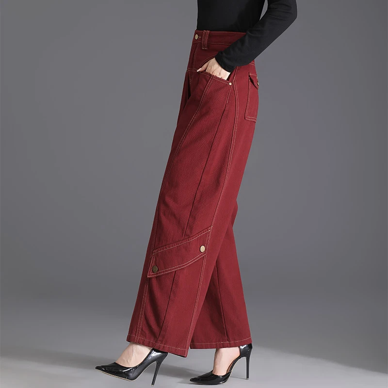 安可拉红宽松阔腿牛仔灯笼裤2025秋冬加绒休闲工装裤显瘦直筒长裤