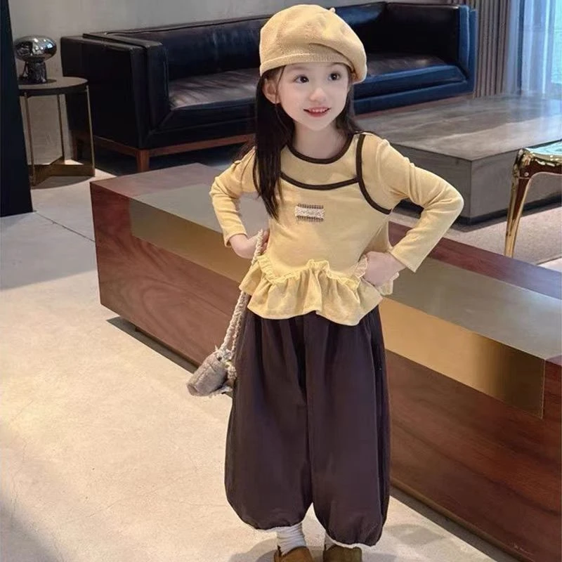 NL新款女童时尚韩版2025套装T恤上衣假两件裤子女宝洋气两件套