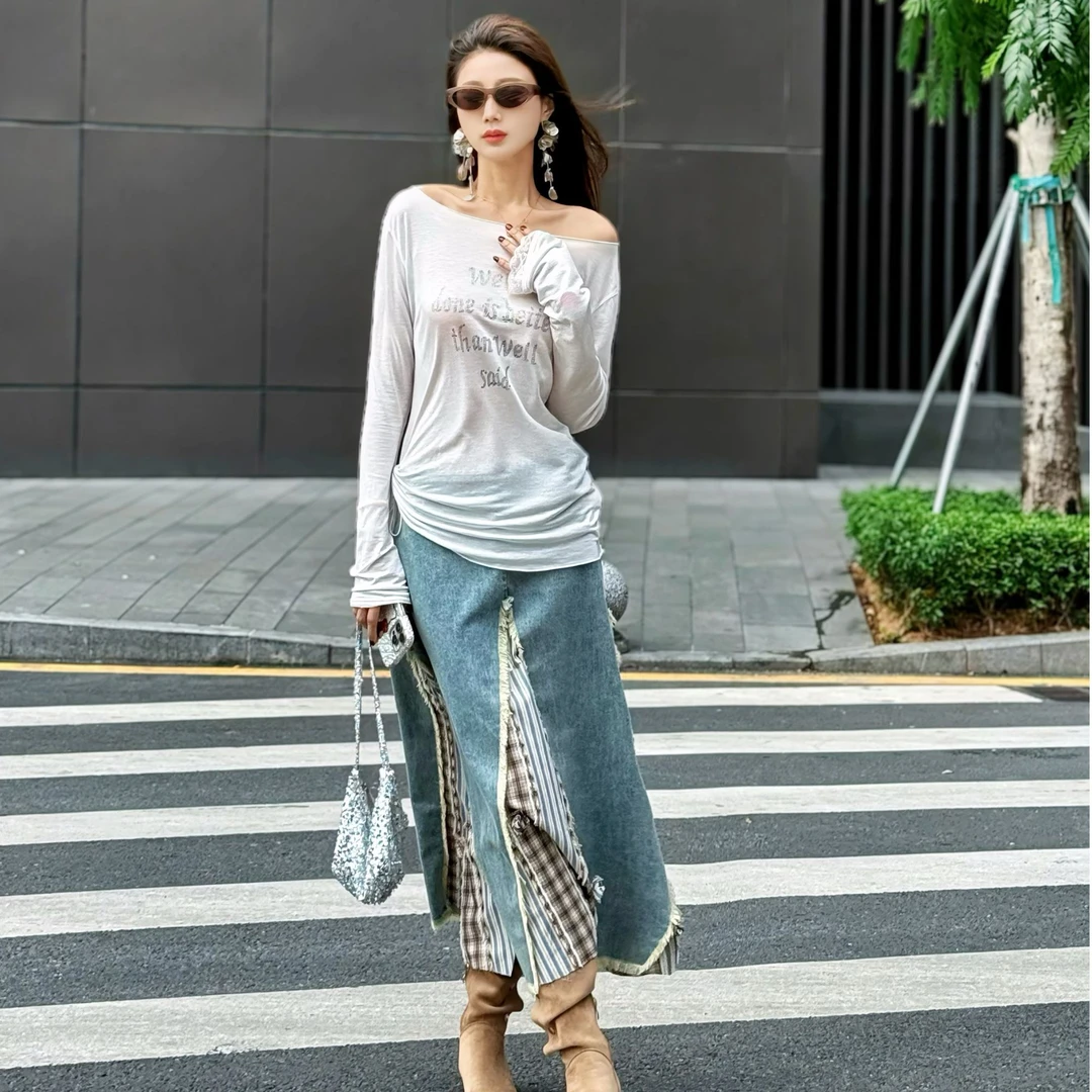 OooF！Yang 【主理人专属】牛仔拼接半裙