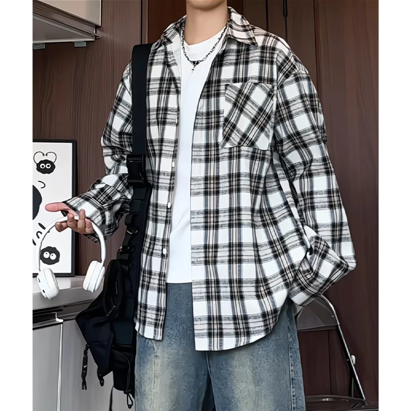 秋装新款格子衬衫男宽松大码港风复古格纹外套长袖衬衣百搭上衣