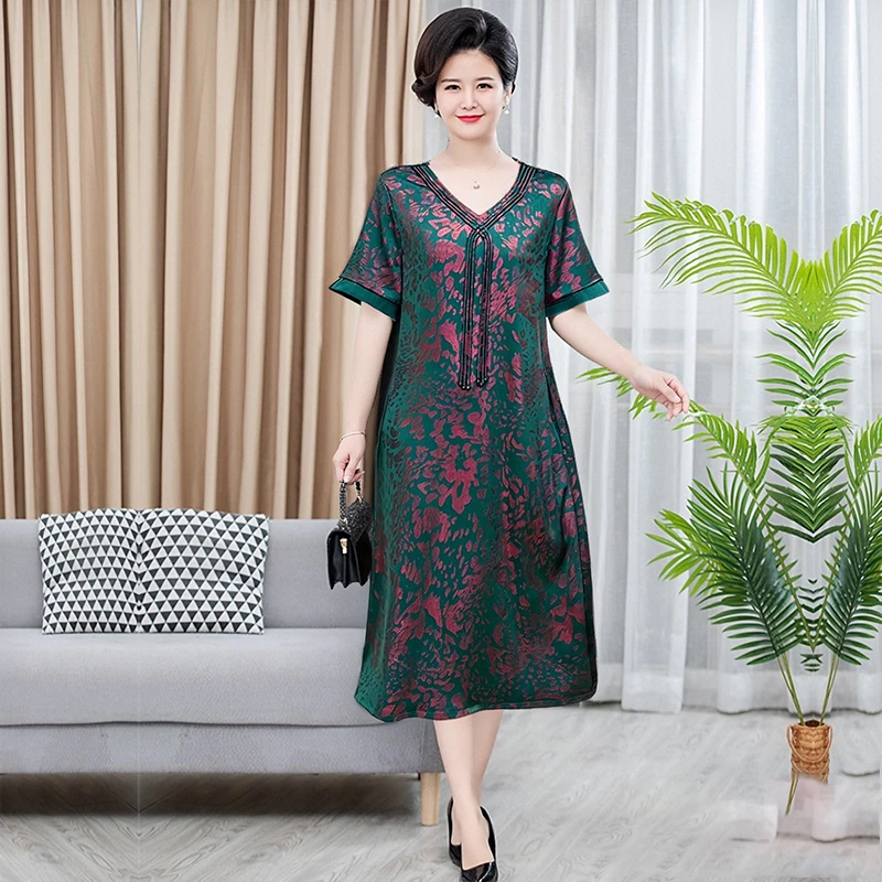 夏季新款时尚洋气长裙子中老年妈妈宽松大码女装中长款国风连衣裙