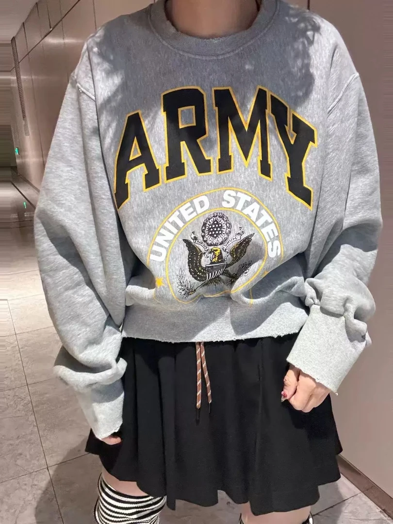 现货韩国东大门公鸡家2024冬季新款加绒字母印花百搭圆领长袖卫衣