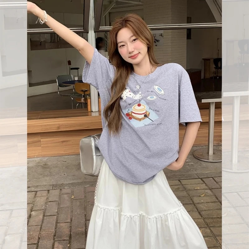 夏季新款设计感美式小众小狗蛋糕印花短袖女灰色休闲宽松小上衣