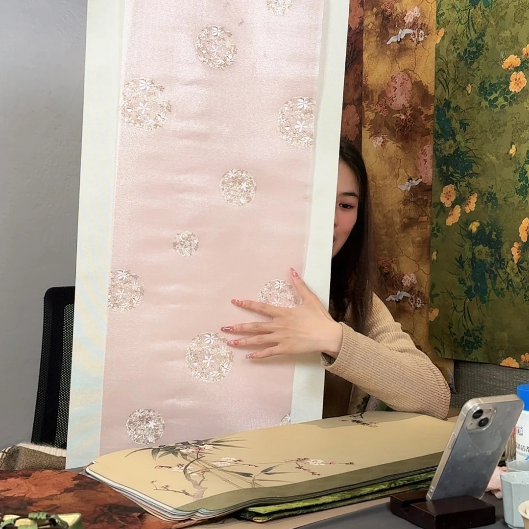 茶道配件烫金纱两米 白底粉团花