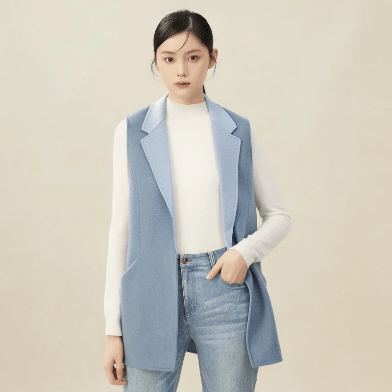 不支持退换/宽松无扣绵羊毛双面呢马甲百搭外套中长款1400555