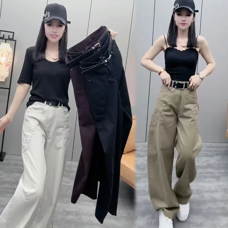 2025秋季新款时尚长裤女弯刀裤高腰显瘦工装裤宽松休闲阔腿拖地裤