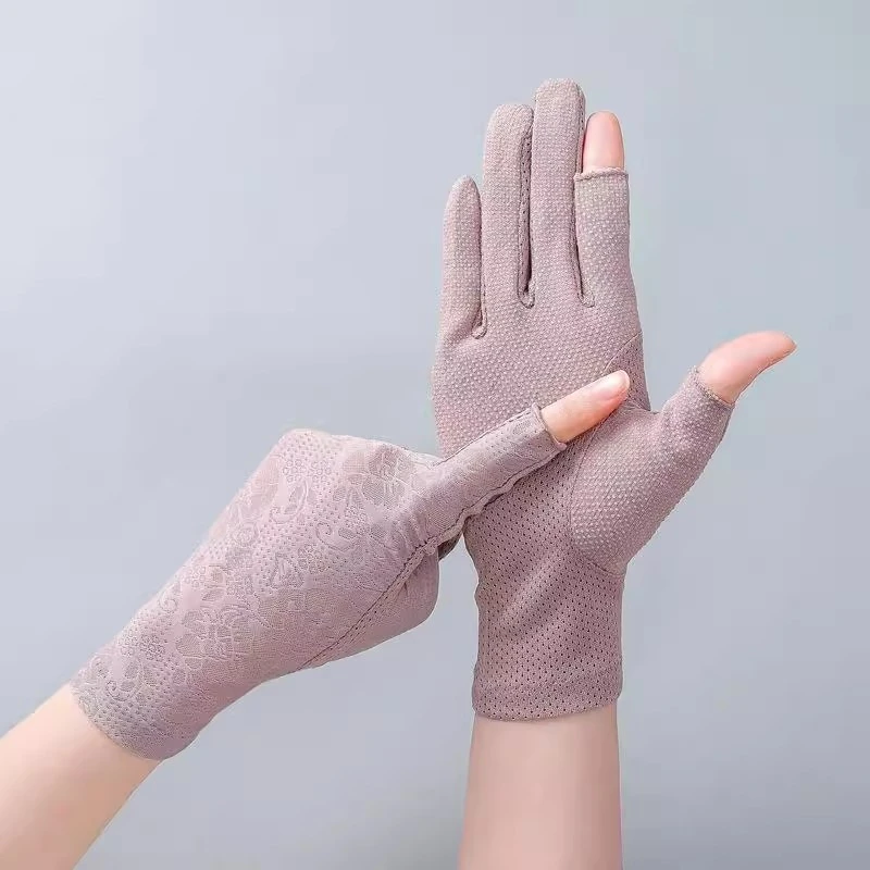 冰丝防晒蕾丝手套女薄款开车骑行防滑露二指弹性可触屏护手春秋季