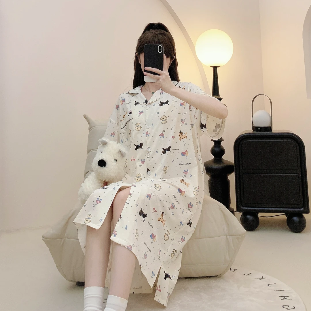 【斑点狗狗】新款加大码胖mm睡衣睡裙夏季家居服女款韩版短袖学生