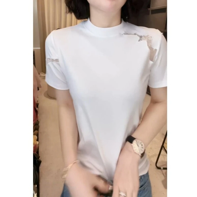 2025新款短袖 蕾丝镂空设计短袖T恤女修身显瘦上衣LK2501365